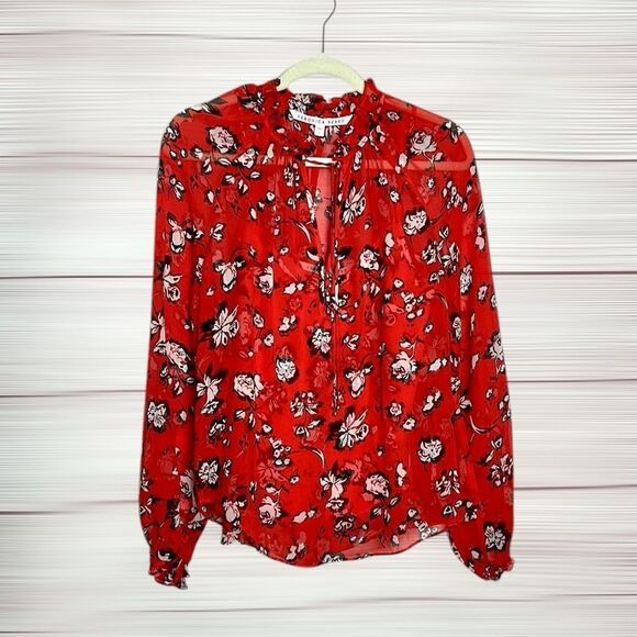 NWOT Veronica Beard Silk Blouse Red Floral Ruffle Trim Long Sleeve Top US 8 - Picture 4 of 16
